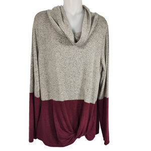 Maurices Womens 24/7 Berry Colorblock Cowl Neck Knot Hem Tee Large Long Sleeve